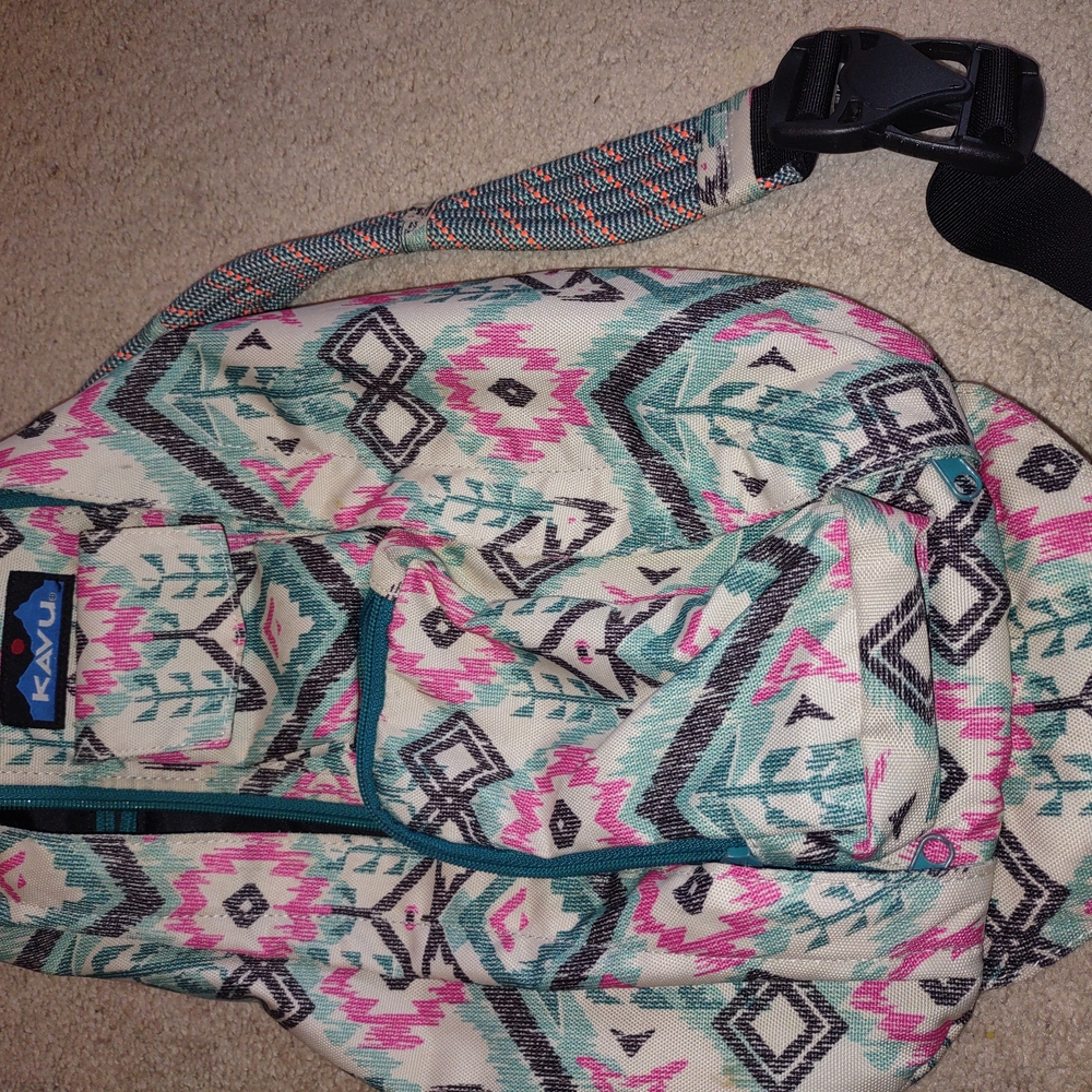 Kavu Pink and Green Crossbody Bag with Geometric Design